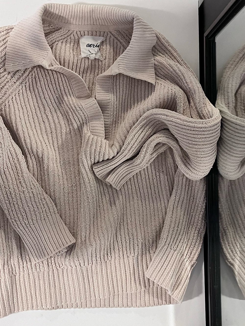 aerie Collared Ribbed Pullover in Light Taupe